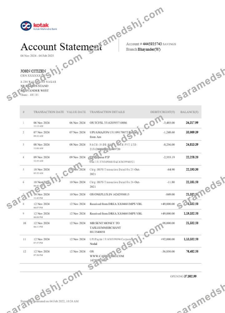 INDIA KOTAK bank statement template, Word and PDF format